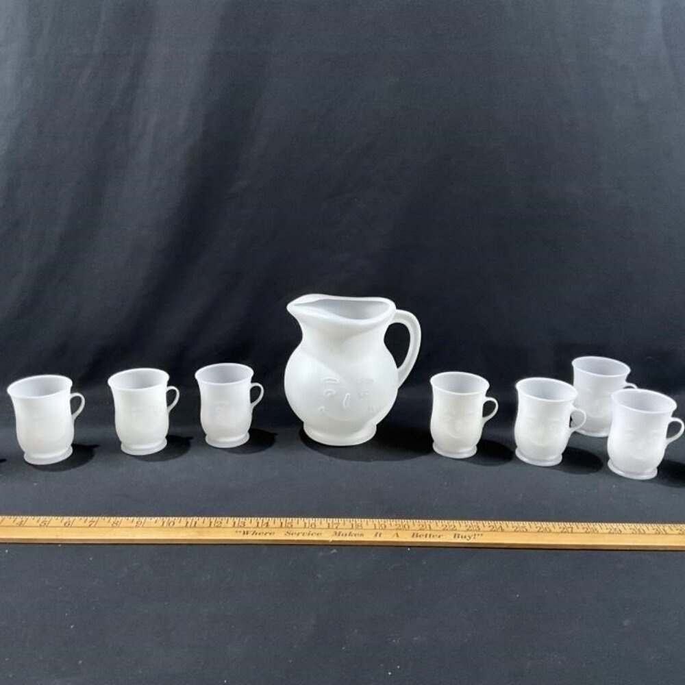 Vintage Kool-Aid Pitcher & 9 Cup Set – White Frosted Glass, Rare Complete